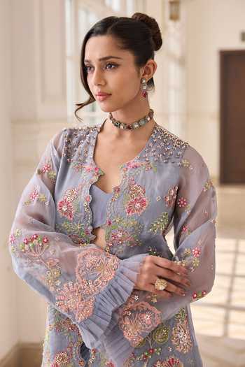 Shop RINESSA Blue Organza, Crepe, Shantoon Open Hand Embroidered Jacket And Dhoti Skirt Set Online at Aza Fashions Shop_RINESSA_Blue Organza, Crepe, Shantoon Open Hand Embroidered Jacket And Dhoti Skirt Set _Online_at_Aza_Fashions