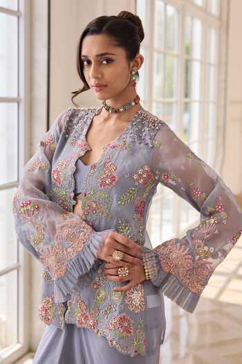 RINESSA Blue Organza, Crepe, Shantoon Open Hand Embroidered Jacket And Dhoti Skirt Set at Aza Fashions RINESSA_Blue Organza, Crepe, Shantoon Open Hand Embroidered Jacket And Dhoti Skirt Set _at_Aza_Fashions