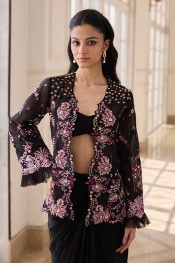 RINESSA_Black Organza, Crepe, Shantoon Open Neck, Embroidered Jacket Dhoti Skirt Set _Online_at_Aza_Fashions
