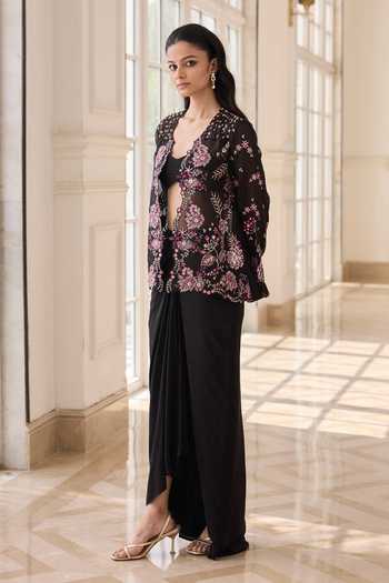 Buy_RINESSA_Black Organza, Crepe, Shantoon Open Neck, Embroidered Jacket Dhoti Skirt Set _Online_at_Aza_Fashions