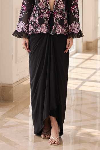 Shop_RINESSA_Black Organza, Crepe, Shantoon Open Neck, Embroidered Jacket Dhoti Skirt Set _Online_at_Aza_Fashions