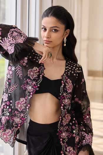 RINESSA_Black Organza, Crepe, Shantoon Open Neck, Embroidered Jacket Dhoti Skirt Set _at_Aza_Fashions