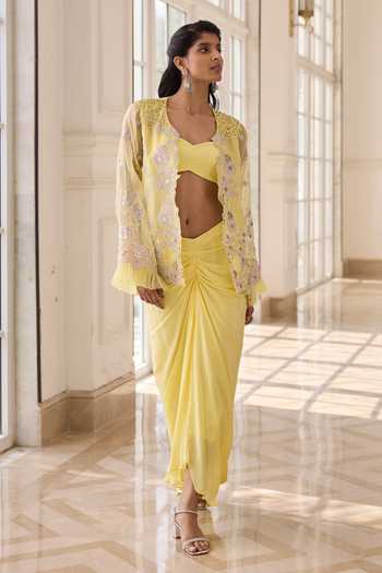 RINESSA_Yellow Organza, Crepe, Shantoon Open Neck, Embroidered Jacket Dhoti Skirt Set _Online_at_Aza_Fashions