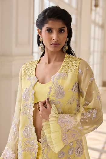 Buy_RINESSA_Yellow Organza, Crepe, Shantoon Open Neck, Embroidered Jacket Dhoti Skirt Set _Online_at_Aza_Fashions