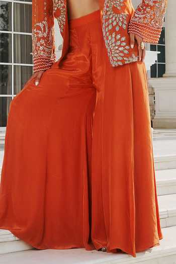 RINESSA Orange Organza, Crepe, Shantoon Open Neck, Hand Embellished Jacket Sharara Set Online at Aza Fashions RINESSA_Orange Organza, Crepe, Shantoon Open Neck, Hand Embellished Jacket Sharara Set _Online_at_Aza_Fashions