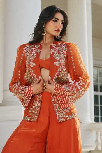 Buy RINESSA Orange Organza, Crepe, Shantoon Open Neck, Hand Embellished Jacket Sharara Set Online at Aza Fashions Buy_RINESSA_Orange Organza, Crepe, Shantoon Open Neck, Hand Embellished Jacket Sharara Set _Online_at_Aza_Fashions
