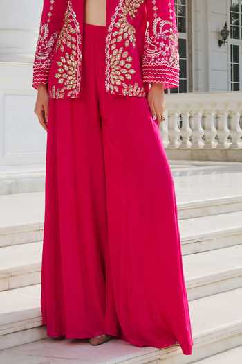 RINESSA_Pink Organza, Crepe, Shantoon Open Neck, Hand Embellished Jacket Sharara Set _Online_at_Aza_Fashions