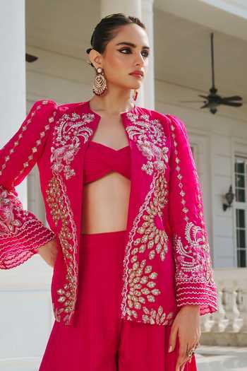 Buy_RINESSA_Pink Organza, Crepe, Shantoon Open Neck, Hand Embellished Jacket Sharara Set _Online_at_Aza_Fashions