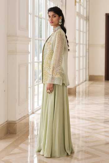 RINESSA_Green Organza, Crepe, Shantoon Open Neck, Hand Embellished Jacket Sharara Set _Online_at_Aza_Fashions