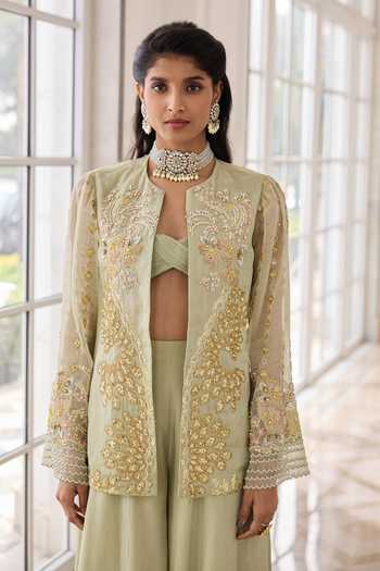 Buy_RINESSA_Green Organza, Crepe, Shantoon Open Neck, Hand Embellished Jacket Sharara Set _Online_at_Aza_Fashions