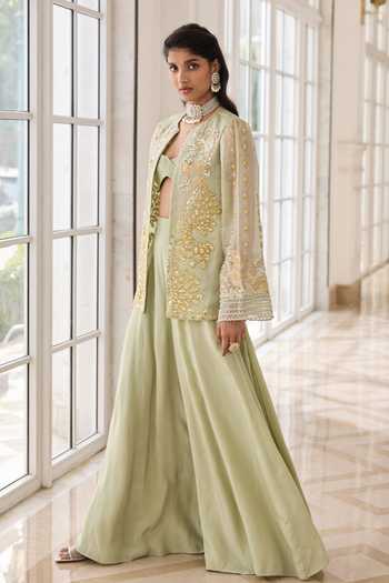 Shop_RINESSA_Green Organza, Crepe, Shantoon Open Neck, Hand Embellished Jacket Sharara Set _Online_at_Aza_Fashions