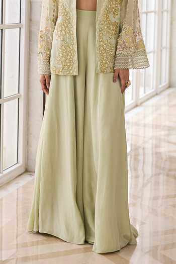 RINESSA_Green Organza, Crepe, Shantoon Open Neck, Hand Embellished Jacket Sharara Set _at_Aza_Fashions