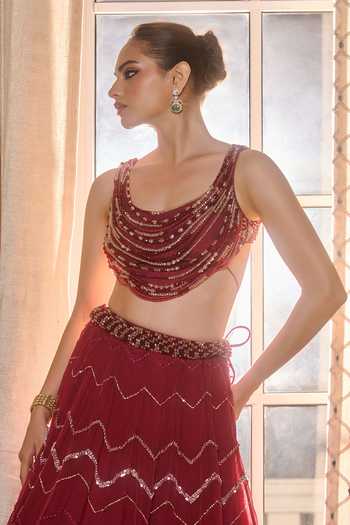 RINESSA_Red Silk, Organza, Dupion, Shantoon Scoop Neck Crystal Embellished Lehenga Set _Online_at_Aza_Fashions