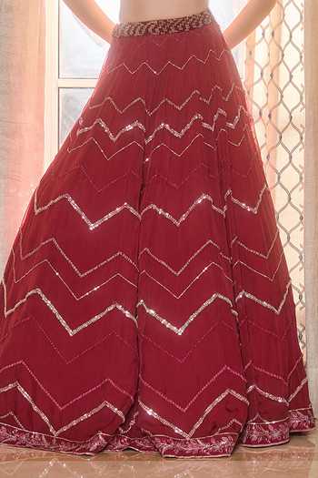 Buy_RINESSA_Red Silk, Organza, Dupion, Shantoon Scoop Neck Crystal Embellished Lehenga Set _Online_at_Aza_Fashions
