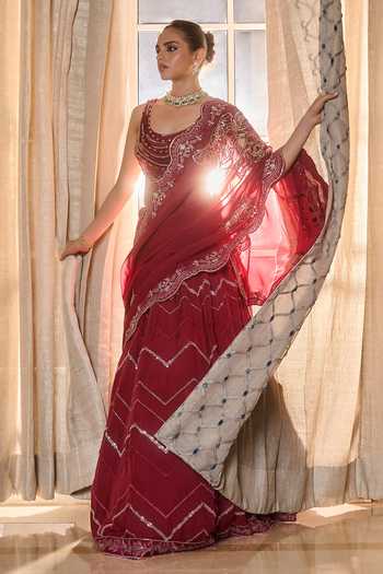 Shop_RINESSA_Red Silk, Organza, Dupion, Shantoon Scoop Neck Crystal Embellished Lehenga Set _Online_at_Aza_Fashions