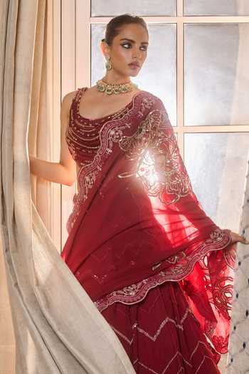 RINESSA_Red Silk, Organza, Dupion, Shantoon Scoop Neck Crystal Embellished Lehenga Set _at_Aza_Fashions