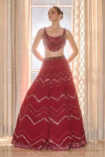 Buy_RINESSA_Red Silk, Organza, Dupion, Shantoon Scoop Neck Crystal Embellished Lehenga Set 
