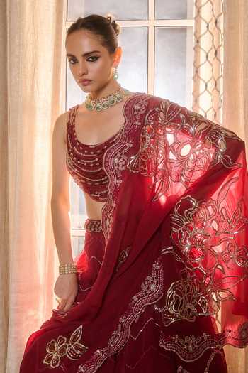 Shop_RINESSA_Red Silk, Organza, Dupion, Shantoon Scoop Neck Crystal Embellished Lehenga Set 