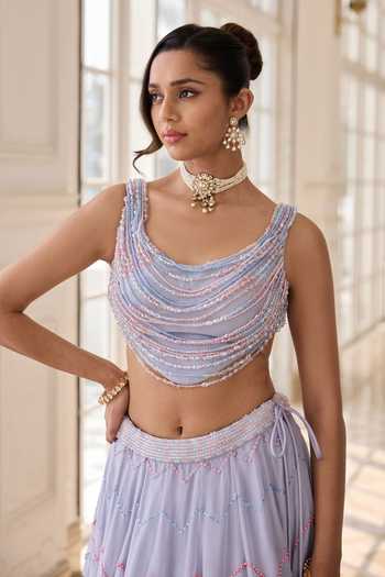 RINESSA_Blue Silk, Organza, Dupion, Shantoon Cowl Neck Hand Embellished Lehenga Set _Online_at_Aza_Fashions