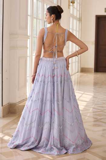 Buy_RINESSA_Blue Silk, Organza, Dupion, Shantoon Cowl Neck Hand Embellished Lehenga Set _Online_at_Aza_Fashions