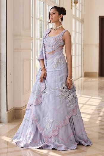 Shop_RINESSA_Blue Silk, Organza, Dupion, Shantoon Cowl Neck Hand Embellished Lehenga Set _Online_at_Aza_Fashions