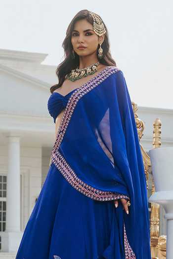 RINESSA_Blue Silk, Organza, Dupion, Shantoon Bandeau Neck Hand Embellished Lehenga Set _Online_at_Aza_Fashions