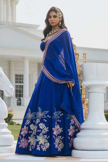 Buy_RINESSA_Blue Silk, Organza, Dupion, Shantoon Bandeau Neck Hand Embellished Lehenga Set _Online_at_Aza_Fashions