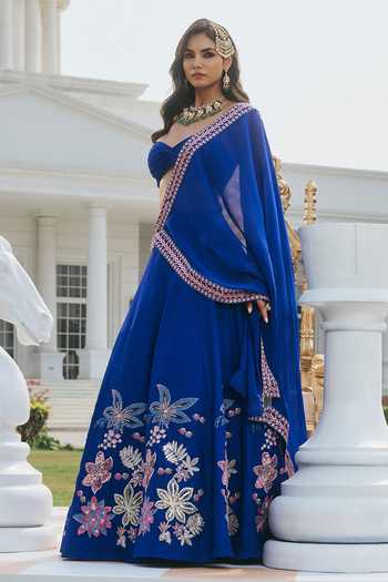 Shop_RINESSA_Blue Silk, Organza, Dupion, Shantoon Bandeau Neck Hand Embellished Lehenga Set _Online_at_Aza_Fashions
