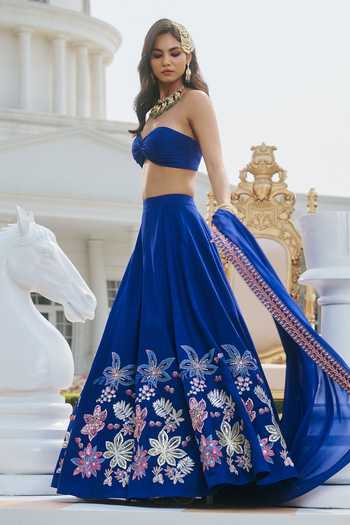 RINESSA_Blue Silk, Organza, Dupion, Shantoon Bandeau Neck Hand Embellished Lehenga Set _at_Aza_Fashions