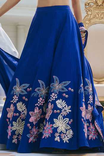 Buy_RINESSA_Blue Silk, Organza, Dupion, Shantoon Bandeau Neck Hand Embellished Lehenga Set 