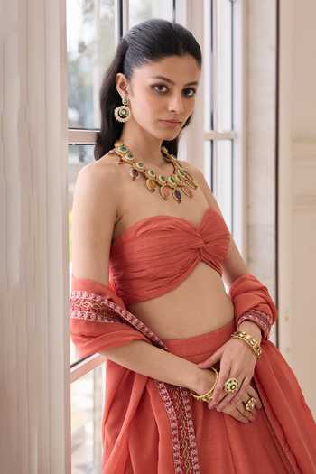 Buy_RINESSA_Orange Silk, Organza, Dupion, Shantoon Bandeau Neck Hand Embellished Lehenga Set _Online_at_Aza_Fashions