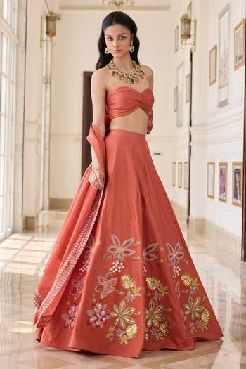 Shop_RINESSA_Orange Silk, Organza, Dupion, Shantoon Bandeau Neck Hand Embellished Lehenga Set _Online_at_Aza_Fashions