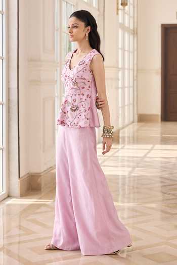 Buy_RINESSA_Pink Chanderi, Shantoon V-neck Embroidered Peplum Top And Trouser Set _Online_at_Aza_Fashions