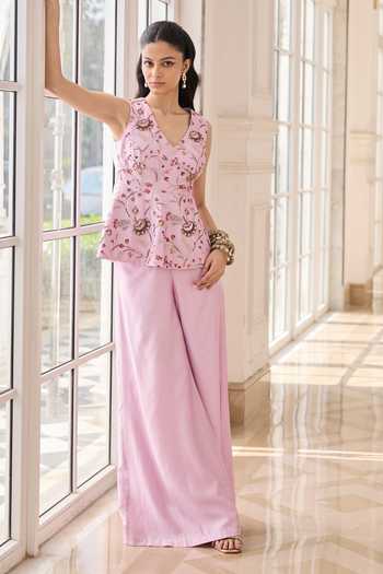Shop_RINESSA_Pink Chanderi, Shantoon V-neck Embroidered Peplum Top And Trouser Set _Online_at_Aza_Fashions