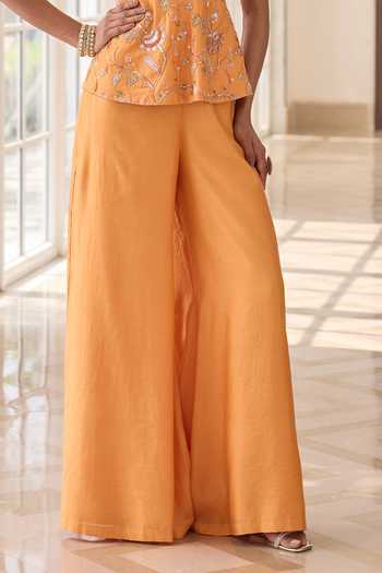 RINESSA_Orange Chanderi, Shantoon V-neck Embroidered Peplum Top With Trouser _Online_at_Aza_Fashions