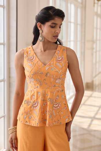 Buy_RINESSA_Orange Chanderi, Shantoon V-neck Embroidered Peplum Top With Trouser _Online_at_Aza_Fashions