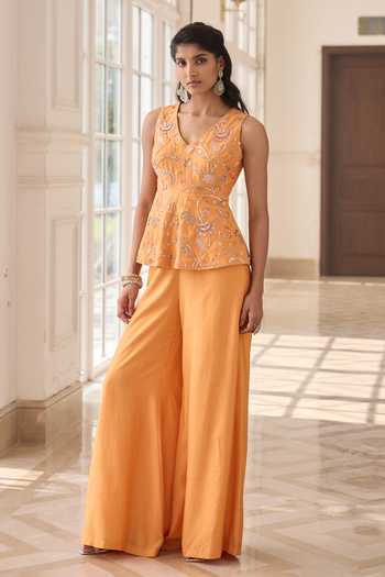 Shop_RINESSA_Orange Chanderi, Shantoon V-neck Embroidered Peplum Top With Trouser _Online_at_Aza_Fashions