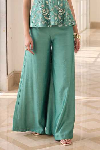 RINESSA_Green Chanderi, Shantoon V-neck Embroidered Peplum Top And Pant Set _Online_at_Aza_Fashions
