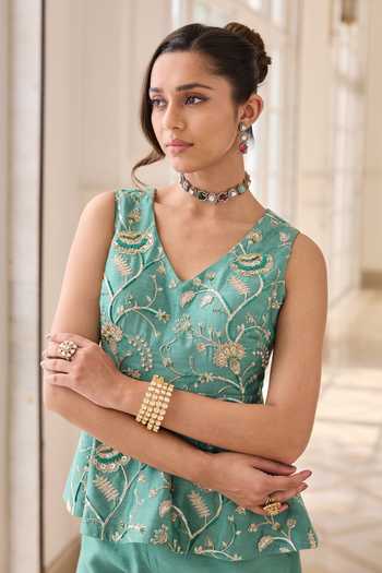 Buy_RINESSA_Green Chanderi, Shantoon V-neck Embroidered Peplum Top And Pant Set _Online_at_Aza_Fashions