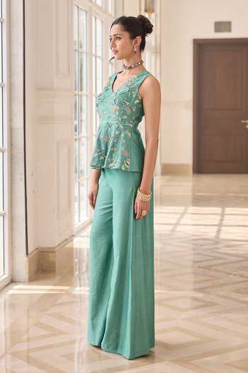 Shop_RINESSA_Green Chanderi, Shantoon V-neck Embroidered Peplum Top And Pant Set _Online_at_Aza_Fashions
