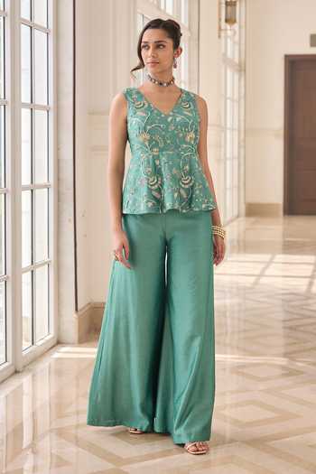 RINESSA_Green Chanderi, Shantoon V-neck Embroidered Peplum Top And Pant Set _at_Aza_Fashions
