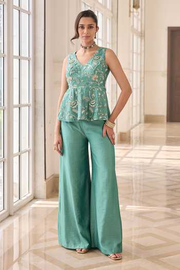 RINESSA Embroidered Peplum Top & Pant Set 