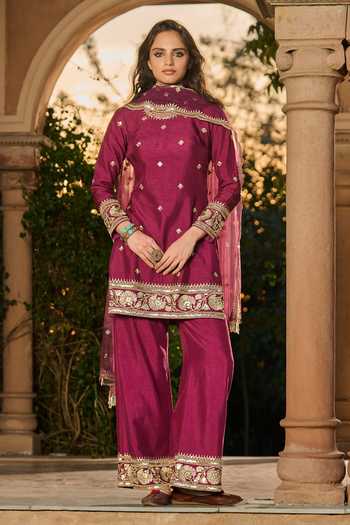 RINESSA_Wine Silk, Organza, Net, Dupion, Shantoon Round Neck Zari Work Kurta Palazzo Set _Online_at_Aza_Fashions
