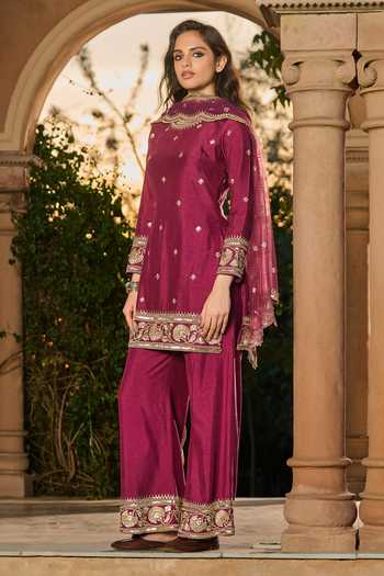 Buy_RINESSA_Wine Silk, Organza, Net, Dupion, Shantoon Round Neck Zari Work Kurta Palazzo Set _Online_at_Aza_Fashions