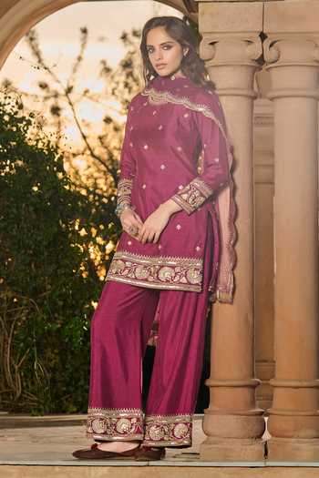 Shop_RINESSA_Wine Silk, Organza, Net, Dupion, Shantoon Round Neck Zari Work Kurta Palazzo Set _Online_at_Aza_Fashions