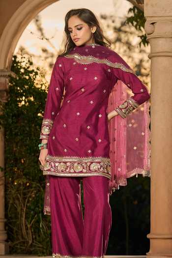 RINESSA_Wine Silk, Organza, Net, Dupion, Shantoon Round Neck Zari Work Kurta Palazzo Set _at_Aza_Fashions