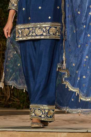 RINESSA_Blue Silk, Organza, Net, Dupion, Shantoon Zari Round Work Kurta Palazzo Set _Online_at_Aza_Fashions