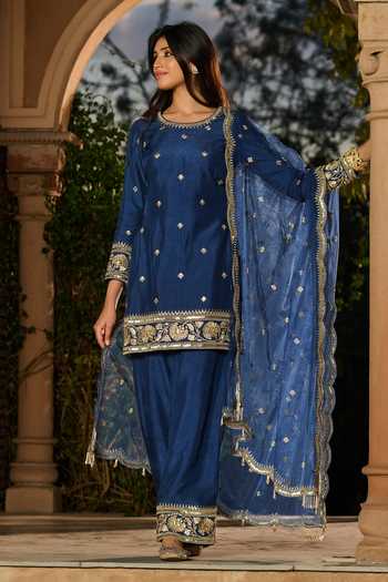 Buy_RINESSA_Blue Silk, Organza, Net, Dupion, Shantoon Zari Round Work Kurta Palazzo Set _Online_at_Aza_Fashions