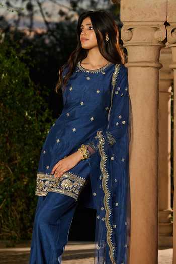 Shop_RINESSA_Blue Silk, Organza, Net, Dupion, Shantoon Zari Round Work Kurta Palazzo Set _Online_at_Aza_Fashions