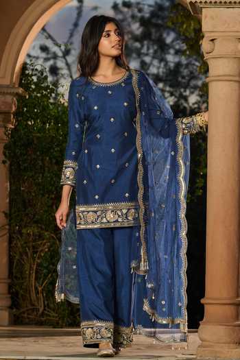 RINESSA_Blue Silk, Organza, Net, Dupion, Shantoon Zari Round Work Kurta Palazzo Set _at_Aza_Fashions
